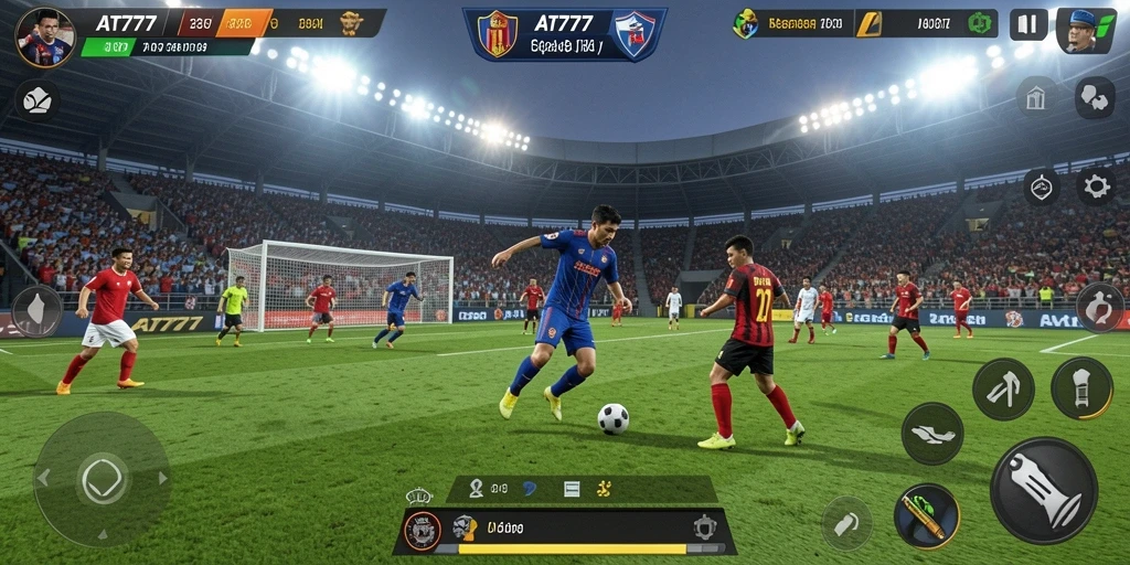 Tangkapan layar gameplay AT777 menampilkan aksi seru dalam pertandingan sepak bola.
