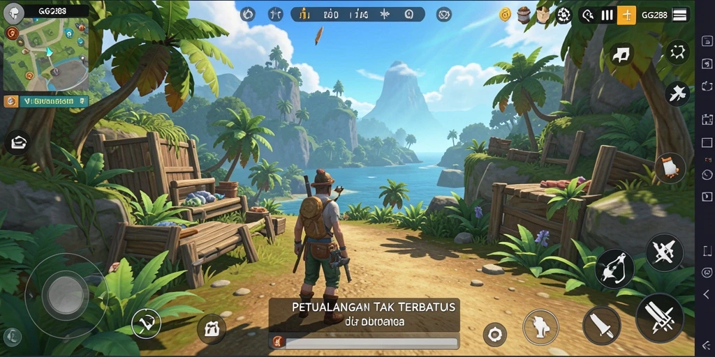Gameplay GG288 menampilkan dunia terbuka yang luas dan penuh warna.