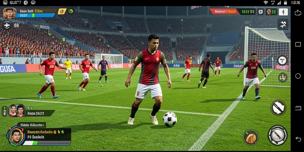 Screenshot dari gameplay seru GUS77 yang menunjukkan aksi pertandingan sepak bola.