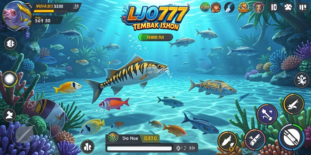 Tampilan gameplay LJO777 yang penuh aksi, menembak ikan dengan seru.