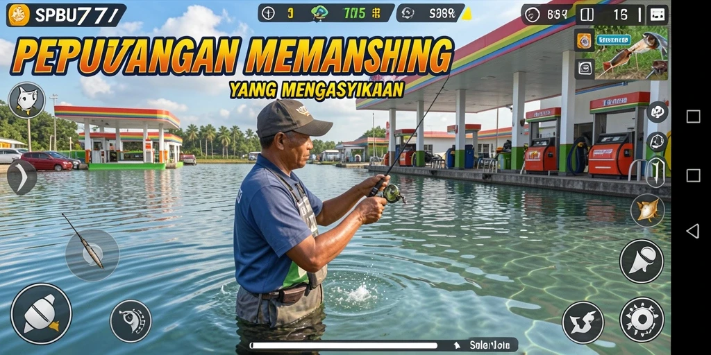 Gameplay SPBU77 yang seru dan interaktif saat memancing.