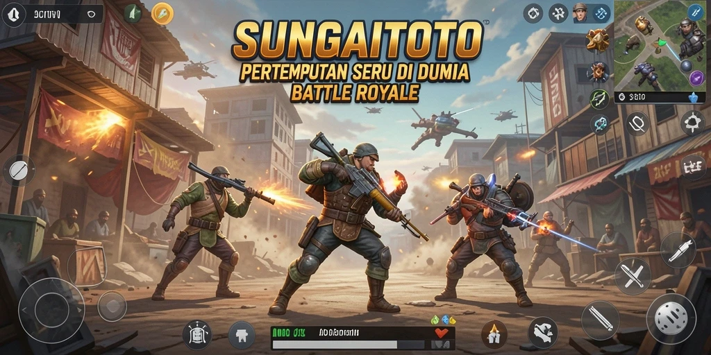 Screenshot SUNGAITOTO menampilkan aksi pertempuran seru di arena battle royale.